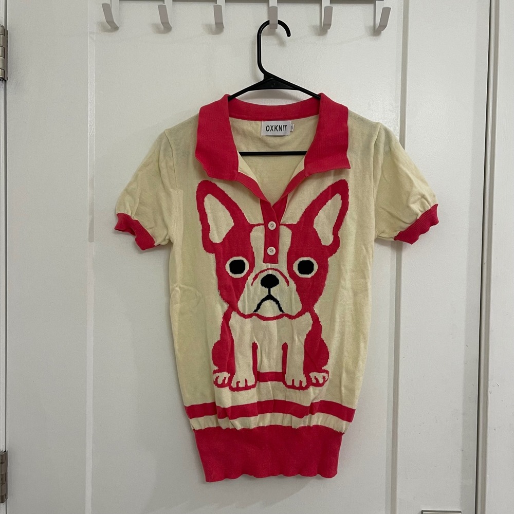 OXKnit Bulldog Collared Pink Sweater Short Sleeve Preppy Academic Grandpacore